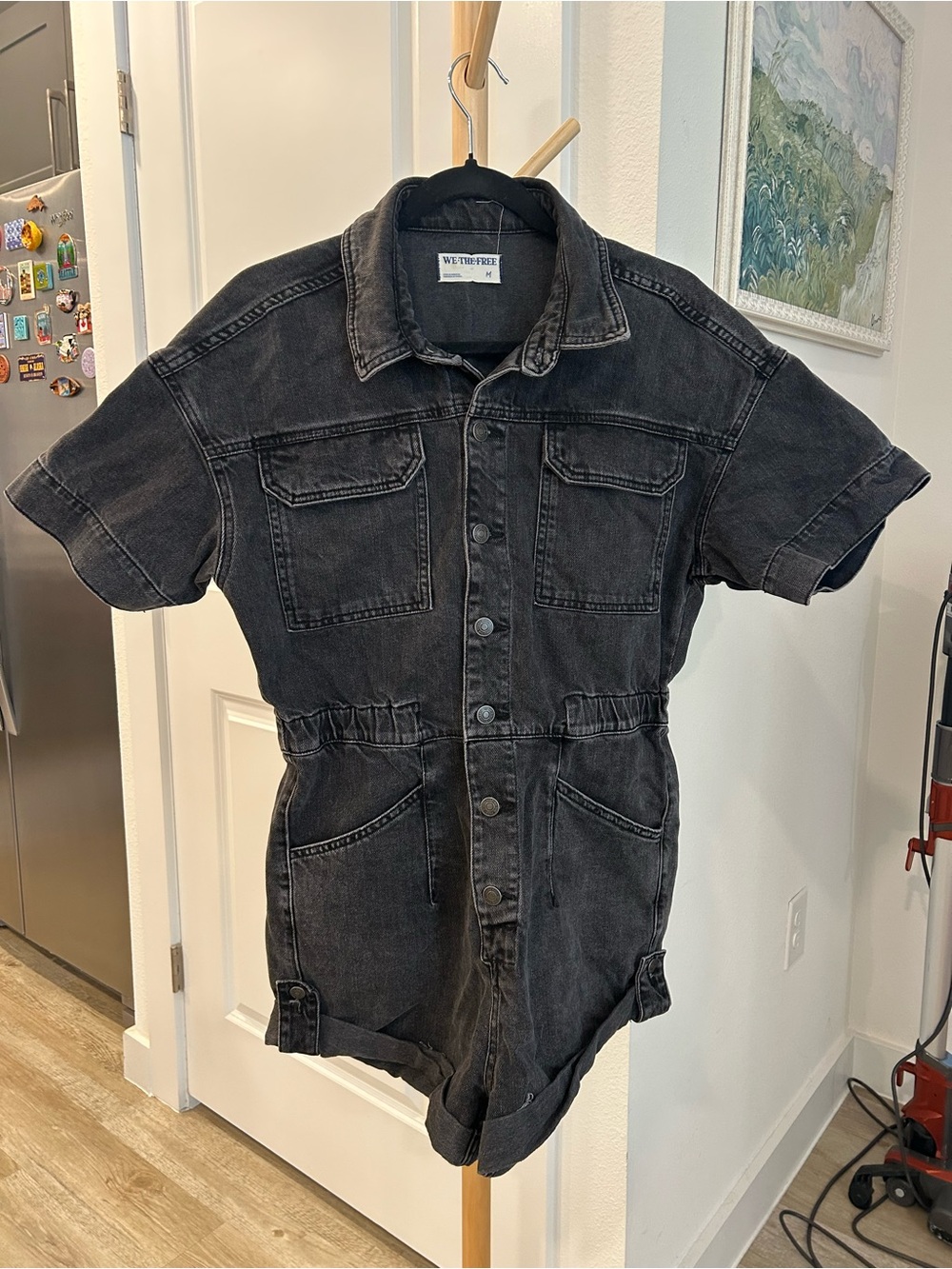 We The Free Black Washed Denim Short-Sleeve Romper